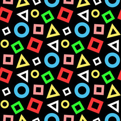 Different multi-colored geometric shapes isolated on a black background. Seamless pattern. Vector graphic illustration. Texture.