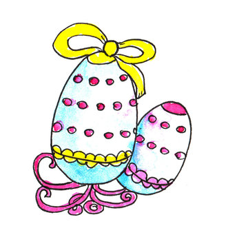 Easter Doodle Painted eggs with a bow. Hand drawn easter doodles eggs isolated on white background