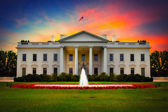 US White House front view at sunset.