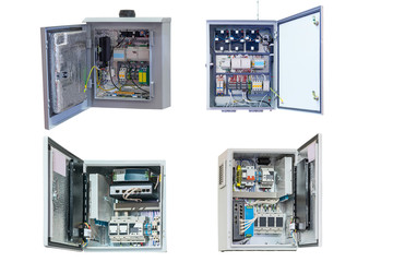 four electrical control Cabinet with an open door isolated on a white background
