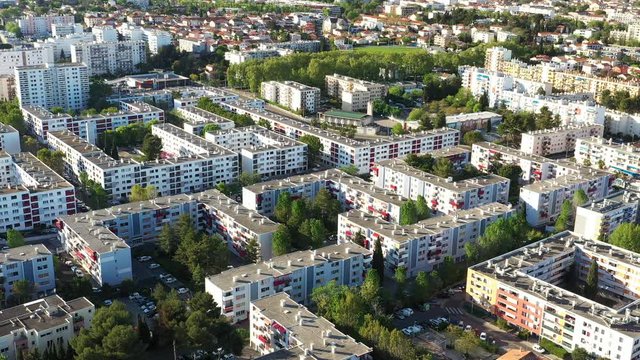 Geometrics and colorfuls buildings, Montpellier suburbs on a sunny day
