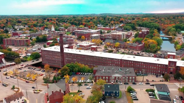 Panning Drone Shot Over Old Mill Buildings In Downtown Dover New Hampshire