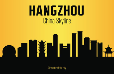 Hangzhou China city silhouette and yellow background. Hangzhou China Skyline.