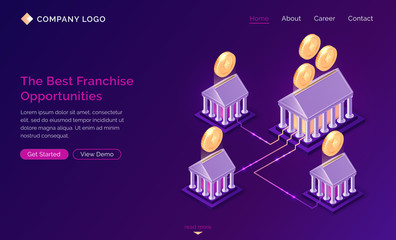 Franchise opportunities isometric landing page. Franchising business branch expansion, marketing system etherium cryptocurrency mining, Small enterprise with corporate headquarter 3d vector web banner