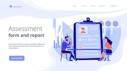 Employer meeting job applicant at pre-employment assessment. Employee evaluation, assessment form and report, performance review concept. Website homepage landing web page template.
