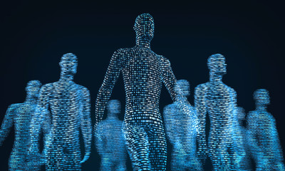 crowd of walking digital people. The concept of the symbiosis of man and technology. 3d rendering - obrazy, fototapety, plakaty