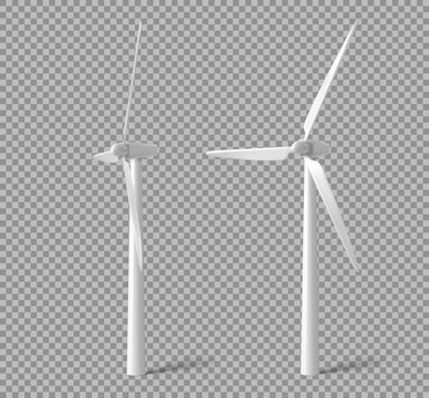 Wind turbines, windmills energy power generators front and side view. White towers with long vanes for producing alternative eco energy isolated on transparent background. Realistic 3d vector mock up