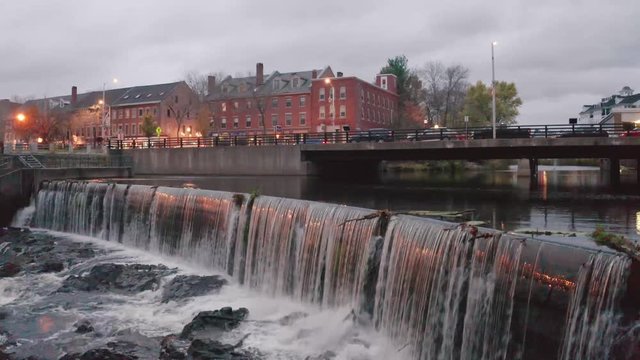 Night Pan Drone Shot Over Waterfall In Downtown Dover New Hampshire