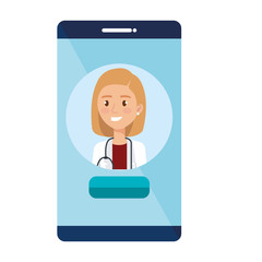 medicine online with doctor female in smartphone vector illustration design