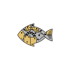 Fish in the style of steampunk. Hand drawn vector illustration isolated on a white background