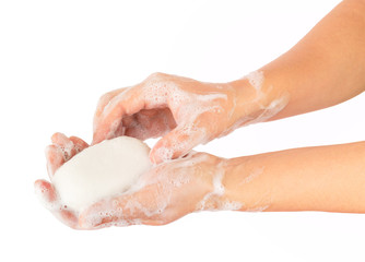 Hands washing with soap and foam