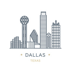 City Dallas, state of Texas. Line icon of famous and largest city of USA. Outline icon for web, mobile and infographics. Landmarks and famous building. Vector illustration, white isolated.  - obrazy, fototapety, plakaty