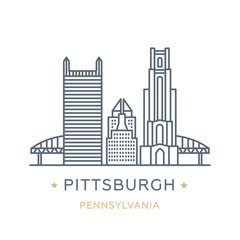 City Pittsburgh, state of Pennsylvania. Line icon of famous and largest city of USA. Outline icon for web, mobile and infographics. Landmarks and famous building. Vector illustration, white isolated.  - obrazy, fototapety, plakaty