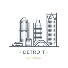 City Detroit, state of Michigan. Line icon of famous and largest city of USA. Outline icon for web, mobile and infographics. Landmarks and famous building. Vector illustration, white isolated. 