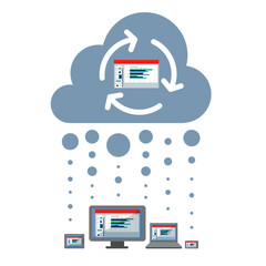 Cloud syncing vector icon.  A slide deck presentation updating across multiple devices. Cloud storage.