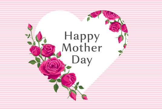 Happy mother's day greeting banner. Vector card, poster with beautiful pink roses and a vignette in the shape of a heart. Text Happy mother's day. Greeting for social media with flowers.