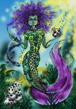 A mermaid with purple hair and a tail collects skulls at the bottom of the sea.
