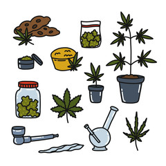 marijuana doodle icons set, vector illustration
