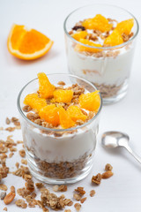 Healthy meal made of granola, yogurt and fruits. Delicious food for breakfast. 