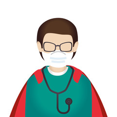 super male paramedic with face mask and hero cloak vector illustration design