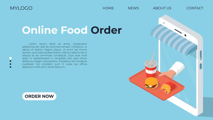 The conceptual template for the web page on the topic of food delivery. The concept of ordering fast food using a smartphone. Food delivery to your home. Vector isometric illustration.