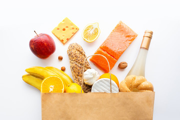 Full paper bag of various healthy food.Healthy food background.Healthy food in fruits and...
