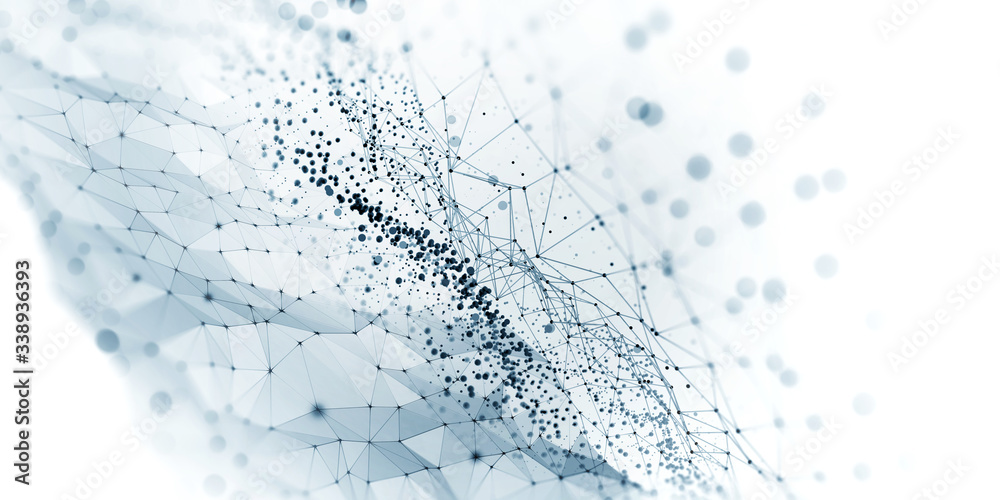 Aufkleber Big data, cryptography programming 3D illustration. Neural network, cloud technologies. Global database, artificial intelligence. Bright, black and white background with bokeh effect