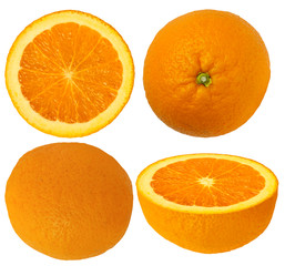 Set of oranges. Four oranges seen from top, side and perspective. Close up isolated on white background.