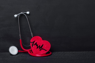 Stethoscope, Mask And Red Heart On A Wood Background, with Copy Space