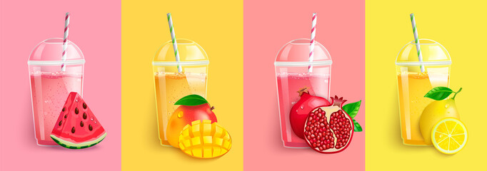 Watermelon, mango, pomegranate,lemon smoothie set.Juice to go with fresh fruits.Summer background for banner,poster,brand,template and label,packaging,packing,emblem and advertise.Vector illustration.