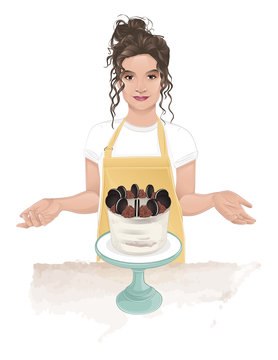 pastry brunette girl with chocolate cake logo