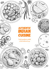 Indian food illustration. Hand drawn sketch. Indian cuisine. Doodle collection. Vector illustration. Menu background. Engraved style.
