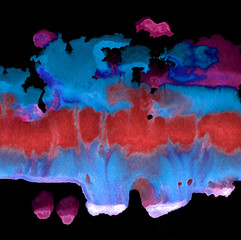 Abstract watercolor splashes on black background. Blue, violet and red bright colors, hand draw. Design for backgrounds, wallpapers, prints, covers and packaging