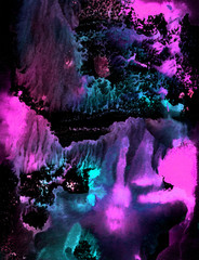 Abstract watercolor splashes on black background. Green, violet and pink bright colors, hand draw. Design for backgrounds, wallpapers, prints, covers and packaging