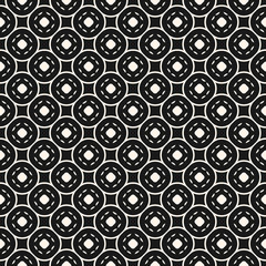 Vector geometric texture. Abstract geometrical seamless pattern with circular mesh, curved lines, circles. Simple dark monochrome abstract background, repeat tiles. Design for prints, textile, package