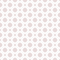 Cute vintage seamless pattern in trendy pastel colors, pale pink and white. Minimal abstract background with big and small circles, dots in square grid. Subtle repeat fashionable texture. Stock vector