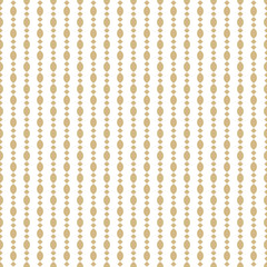 Vector golden seamless pattern with chains, beads, ovals, diamond shapes, vertical bands. Stylish white and gold abstract background. Luxury ornamental texture. Minimal repeat design for decor, covers
