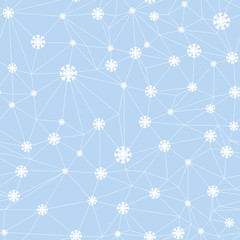 Triangle mesh seamless pattern with snowflakes  on a light blue background