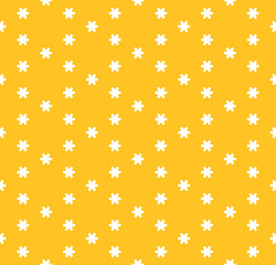 Vector minimalist floral seamless pattern. Simple abstract texture with small geometric flowers, snowflakes, stars. Cute colorful yellow and white background. Repeatable design for decor, wallpapers