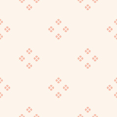 Vector minimalist floral geometric seamless pattern. Simple abstract texture with small curved shapes, flower silhouettes, petals, leaves. Subtle pink and beige background. Repeating decorative design