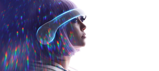 Beautiful woman with purple hair in futuristic costume over white background. Girl in glasses of virtual reality. Augmented reality, game, future technology, AI concept. VR. Blue neon light.
