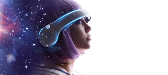 Beautiful woman with purple hair in futuristic costume over white background. Girl in glasses of virtual reality. Augmented reality, game, future technology, AI concept. VR. Blue, violet neon light.
 - obrazy, fototapety, plakaty