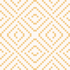 Vector geometric traditional knitted ornament. Fair isle seamless pattern. Folklore ethnic motif. Simple ornamental texture with small squares, crosses. Yellow and white background. Repeatable design