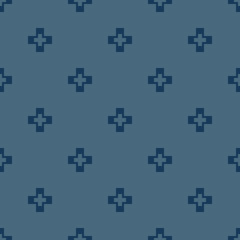 Vector minimalist geometric seamless pattern with simple cross shapes, small elements. Abstract background texture, repeat tiles. Deep blue color. Minimal design for decor, package, cloth, apparel