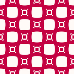 Vector minimal seamless pattern. Abstract red and white geometric texture with rounded squares, dots, grid, net, repeat tiles. Simple minimalist background. Repeatable design for decor, fabric, covers