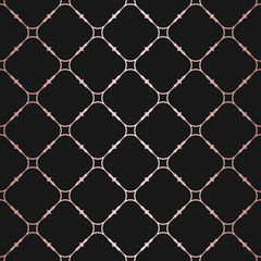 Rose gold geometric seamless pattern. Vector metallic copper lines on black background. Golden ornament with square grid, lattice, net, mesh. Abstract ornate graphic texture. Luxury repeatable design