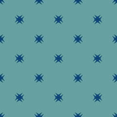Vector minimalist geometric seamless pattern. Simple abstract texture with small crosses, stars, flowers. Navy blue and turquoise color. Minimal repeat background. Design for decor, wrapping, prints