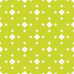 Simple minimalist floral texture. Geometric seamless pattern with small flower silhouettes, crosses. Bright green and white color. Vector abstract minimal background. Natural organic style design