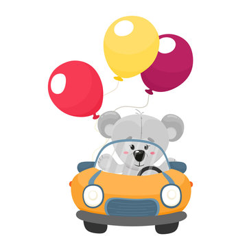 A cute teddy bear rides in a car with balloons. Vector illustration in cartoon flat style.