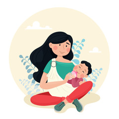 Young mother feeds the baby from the bottle. Mom with a baby in a sling. Vector illustration in cartoon style.
